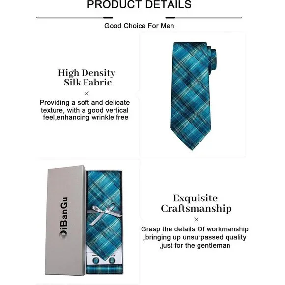 🆕Men Blue Plaid Silk Checkered Necktie Pocket Square Cufflinks Tie Clip Set